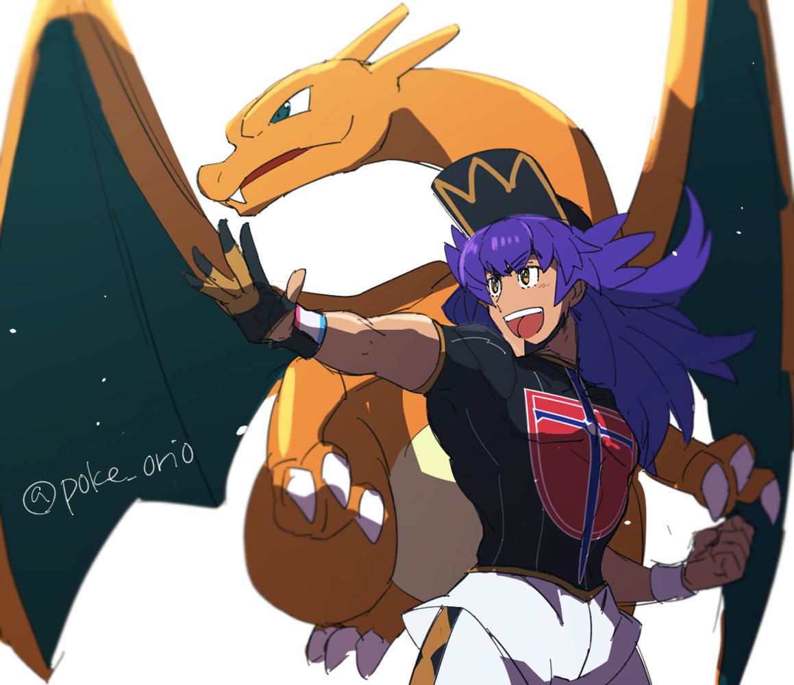 1boy :d bangs baseball_cap champion_uniform charizard clenched_hand commentary_request dark-skinned_male dark_skin dynamax_band facial_hair floating_hair gen_1_pokemon gloves hat leggings leon_(pokemon) long_hair male_focus morio_(poke_orio) open_mouth outstretched_arm partially_fingerless_gloves pokemon pokemon_(creature) pokemon_(game) pokemon_swsh purple_hair shield_print shirt short_shorts short_sleeves shorts single_glove smile sword_print tongue twitter_username upper_teeth white_legwear white_shorts yellow_eyes