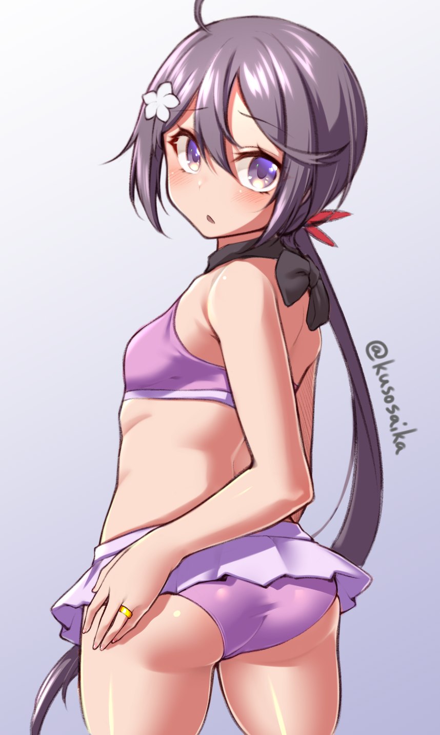 1girl akebono_(kancolle) ass bangs bikini_skirt blush breasts commentary_request cowboy_shot eyebrows_visible_through_hair flower from_behind grey_background hair_flower hair_ornament hand_on_ass hand_on_own_ass highres jewelry kantai_collection long_hair looking_at_viewer looking_back open_mouth purple_hair ring side_ponytail simple_background small_breasts twitter_username very_long_hair violet_eyes wedding_band yuki_to_hana