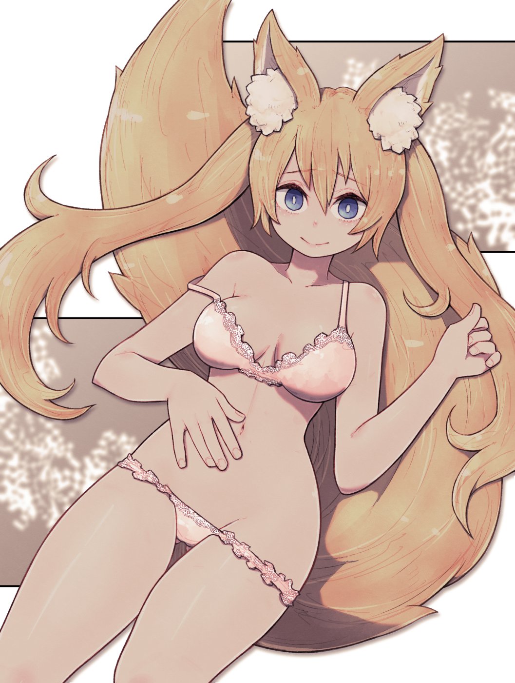 1girl animal_ear_fluff animal_ears ass_visible_through_thighs blonde_hair blue_eyes bra breasts bright_pupils closed_mouth commentary commission cowboy_shot english_commentary fingernails fox_ears fox_tail hair_between_eyes hand_up highres lamb-oic029 large_tail looking_at_viewer lowleg lowleg_panties medium_breasts navel original panties pink_bra pink_panties plushmallow smile solo strap_slip tail thigh_gap twintails underwear underwear_only white_pupils