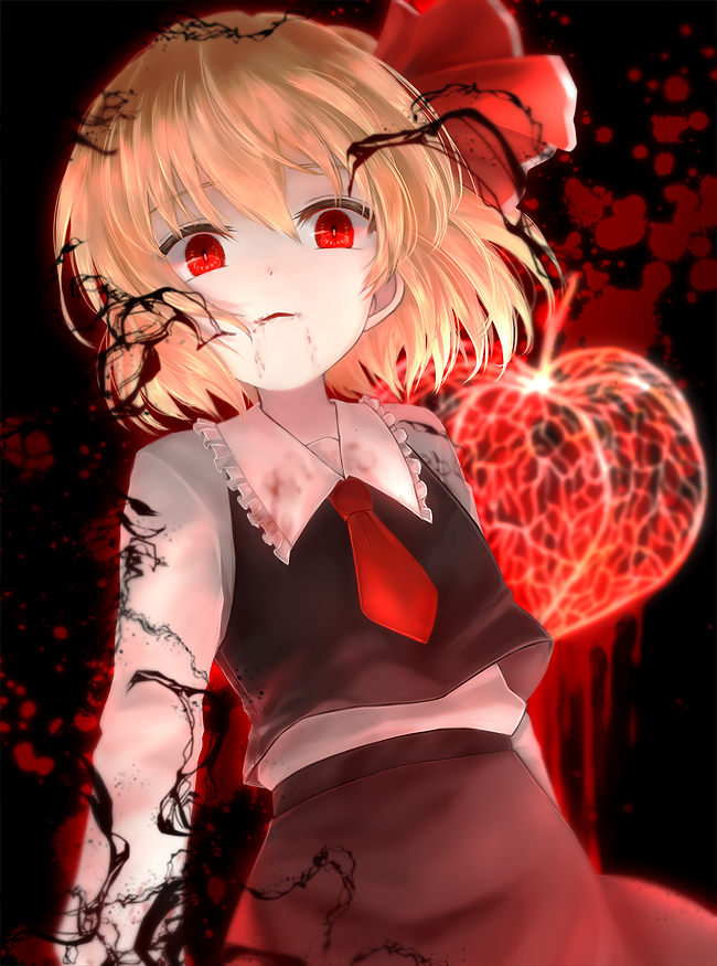 1girl bangs black_background black_skirt black_vest blonde_hair blood blood_splatter bright_pupils cowboy_shot dark_background darkness eyebrows_behind_hair flat_chest frilled_shirt_collar frills hair_between_eyes hair_ribbon long_sleeves looking_at_viewer necktie notofuku parted_lips red_eyes red_neckwear red_ribbon ribbon rumia shirt short_hair simple_background skirt solo touhou vest white_shirt