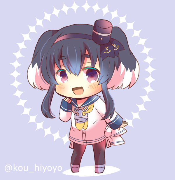 1girl :d anchor_symbol black_hair black_hairband black_headwear black_legwear black_ribbon blue_background blue_footwear blue_sailor_collar blush chain chibi commentary_request fang full_body hairband hat kantai_collection kou_hiyoyo long_hair long_sleeves looking_at_viewer mini_hat multicolored_hair neckerchief open_mouth pantyhose ribbon sailor_collar sailor_shirt shirt shoes short_eyebrows sidelocks sleeves_past_wrists smile solo standing thick_eyebrows tokitsukaze_(kancolle) twitter_username two-tone_hair two_side_up white_hair white_shirt yellow_neckwear