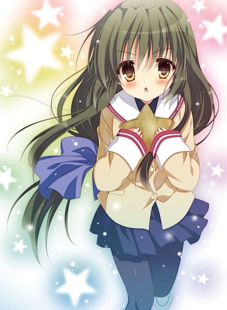 1girl beige_jacket black_legwear blazer blue_skirt brown_eyes clannad commentary dress feet_out_of_frame grey_hair hikarizaka_private_high_school_uniform ibuki_fuuko jacket long_hair looking_at_viewer pantyhose pleated_dress sailor_collar school_uniform skirt solo starfish starry_background tanihara_natsuki white_sailor_collar