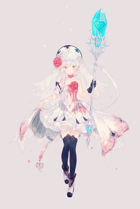 1girl armband asymmetrical_gloves black_gloves black_legwear blood bloody_clothes boots closed_mouth dress expressionless flower full_body gloves hair_bun hair_flower hair_ornament hat holding holding_staff looking_at_viewer petticoat ringo_(pixiv27995436) rose short_hair sidelocks simple_background sinoalice snow_white_(sinoalice) solo staff tan_background thigh-highs veil white_dress white_hair zettai_ryouiki