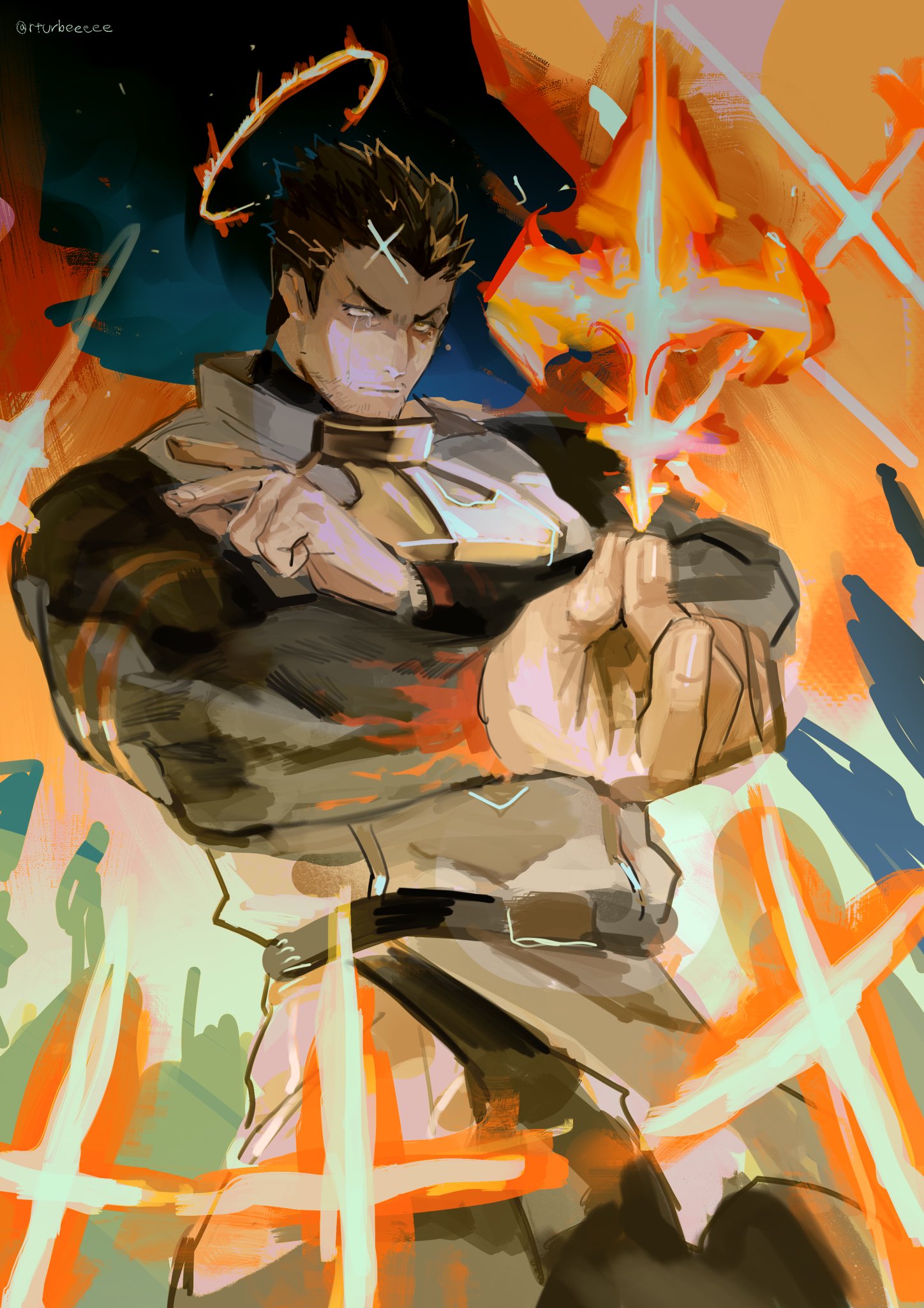 1boy black_bodysuit bodysuit bulge cross crying crying_with_eyes_open facial_hair fighting_stance fire flaming_halo highres hip_vent male_focus mature_male muscular muscular_male pelvic_curtain r.turbee short_hair sideburns sketch solo stubble tears thighs tokyo_houkago_summoners zabaniya_(tokyo_houkago_summoners)