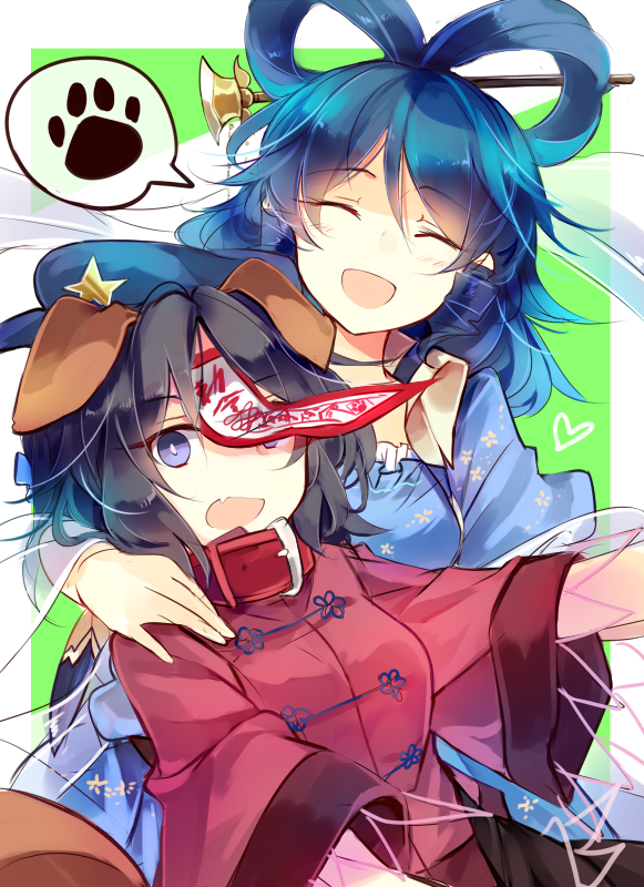 2girls :o ^_^ animal_ears bangs blue_dress blue_hair blue_headwear border breasts bright_pupils cabbie_hat closed_eyes dog_ears dress fang floral_print green_background hagoromo hair_ornament hair_rings hair_stick hand_on_another's_shoulder hat hat_ornament heart jiangshi kaku_seiga kutsuki_kai looking_at_viewer medium_breasts medium_hair miyako_yoshika multiple_girls ofuda open_clothes open_mouth open_vest outside_border outstretched_arms parted_bangs puffy_short_sleeves puffy_sleeves purple_hair red_shirt ringlets shawl shirt short_hair short_sleeves simple_background skin_fang smile spoken_paw star_(symbol) star_hat_ornament talisman touhou upper_body vest violet_eyes white_border white_vest zombie_pose |d