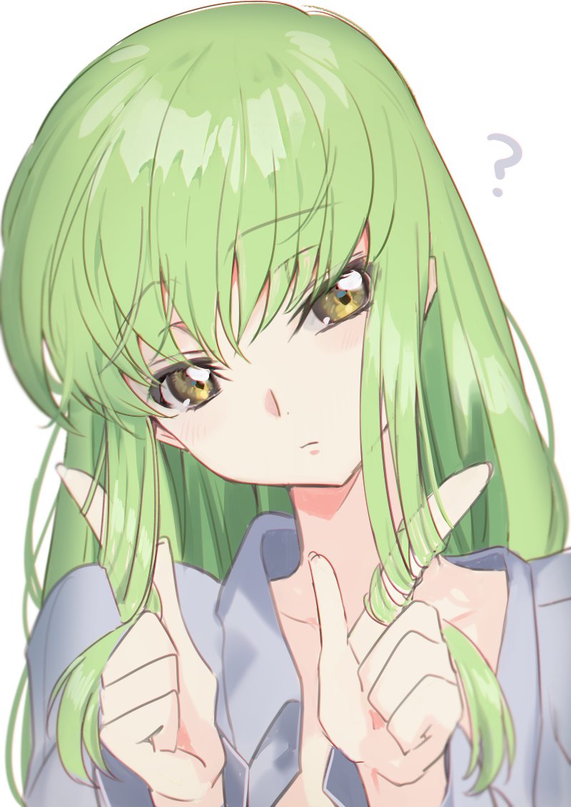 1girl ? bangs close-up code_geass collared_shirt creayus eyebrows_visible_through_hair fingernails green_hair light_blush long_hair playing_with_own_hair pointing pointing_up portrait pout shirt simple_background solo straight_hair white_background yellow_eyes