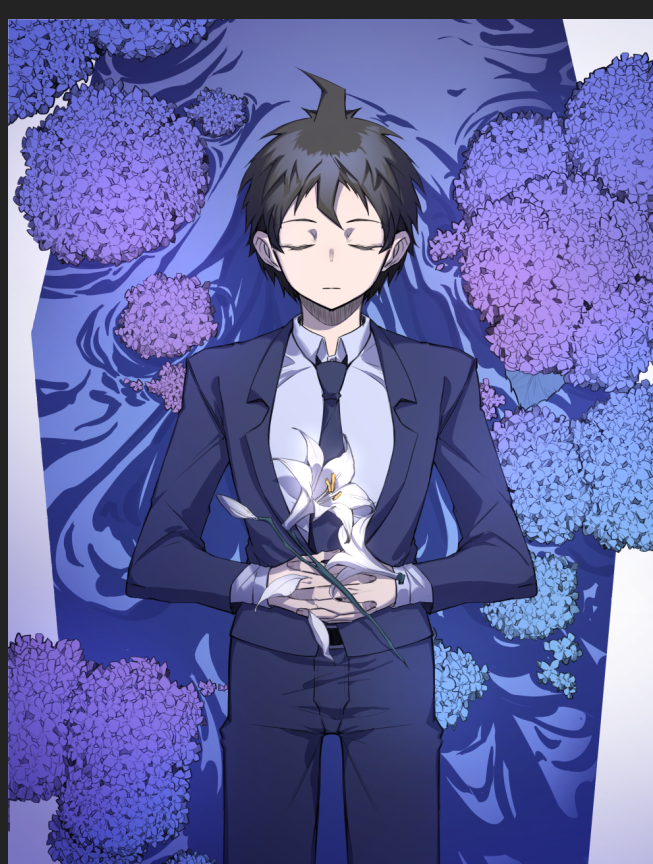 1boy ahoge black_hair black_neckwear black_pants blue_flower brown_hair closed_eyes closed_mouth collared_shirt corpse cowboy_shot dangan_ronpa_(series) dangan_ronpa_3_(anime) flower grey_shirt hands_on_own_stomach hinata_hajime hydrangea long_sleeves lying male_focus necktie on_back pants shiny shiny_hair shirt short_hair solo white_flower ziling