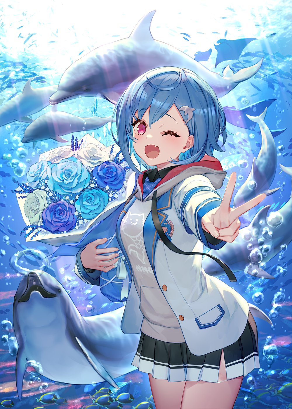 1girl ;d air_bubble aquarium backlighting bangs birthday blazer blue_flower blue_rose bouquet breasts bubble commentary_request dolphin dolphin_hair_ornament eyebrows_visible_through_hair fang fish flower grey_hoodie highres hood hoodie izumi_sai jacket medium_breasts mole mole_on_thigh nijisanji nishizono_chigusa one_eye_closed open_clothes open_jacket open_mouth red_eyes rose sketch skin_fang skirt smile solo underwater v virtual_youtuber water white_flower white_jacket white_rose