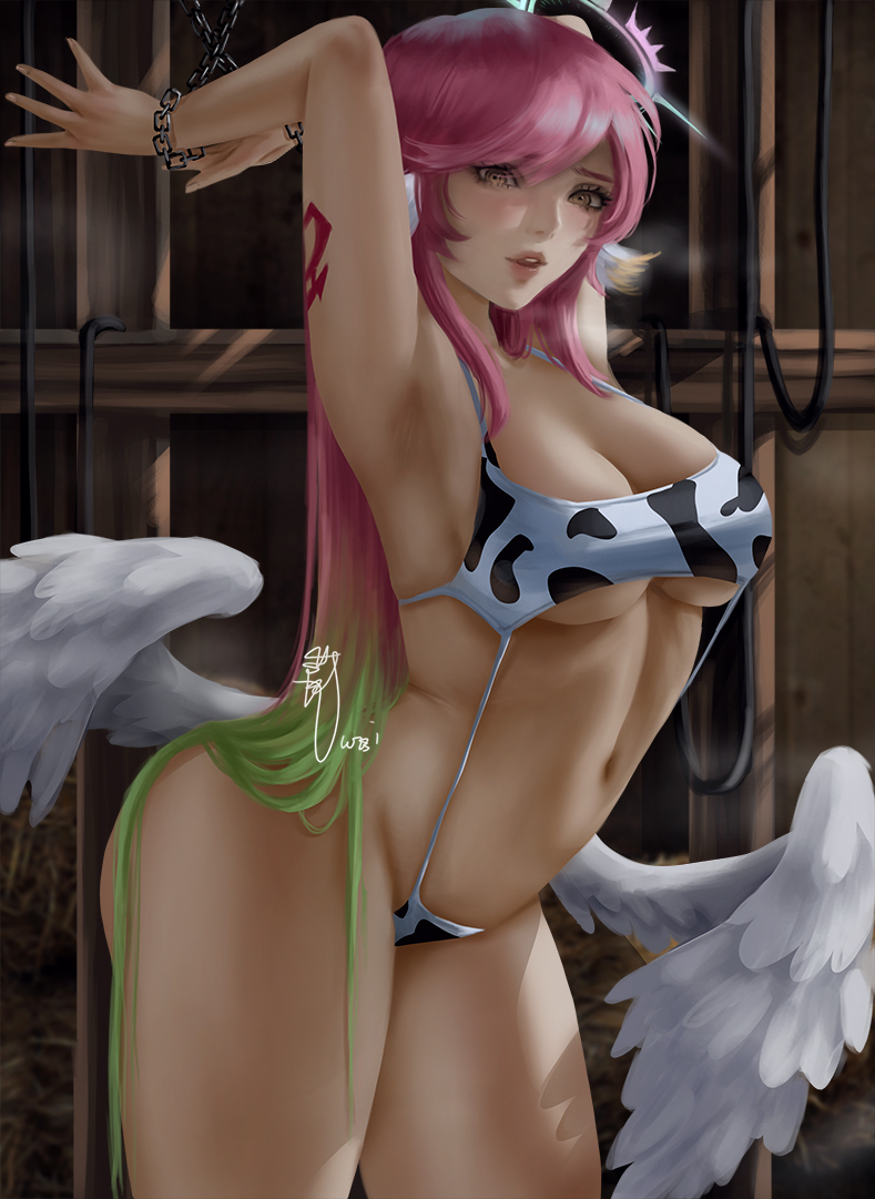 1girl angel_wings animal_print armpits breasts commentary_request cow_print feathered_wings gradient_hair halo jibril_(no_game_no_life) large_breasts long_hair looking_at_viewer low_wings magic_circle mixed-language_commentary multicolored_hair navel no_game_no_life pink_hair signature solo swimsuit tattoo thighs very_long_hair wei_(promise_0820) white_wings wing_ears wings yellow_eyes