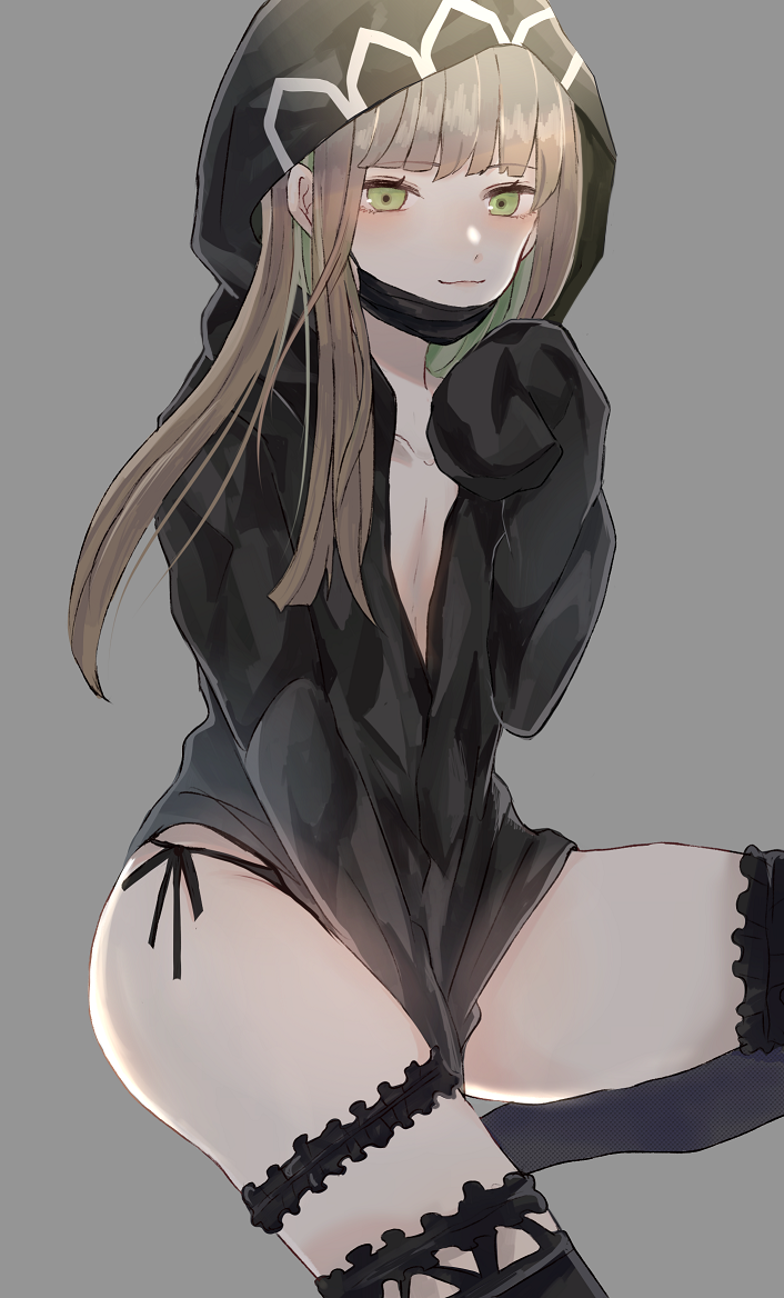 1boy akitama2727 bangs black_hoodie black_panties brown_hair closed_mouth crossdressinging green_eyes gretel_(sinoalice) grey_background hair_between_eyes hair_ornament hood hoodie long_hair long_sleeves looking_at_viewer mask mouth_mask open_clothes otoko_no_ko panties reality_arc_(sinoalice) simple_background sinoalice smile thigh-highs underwear