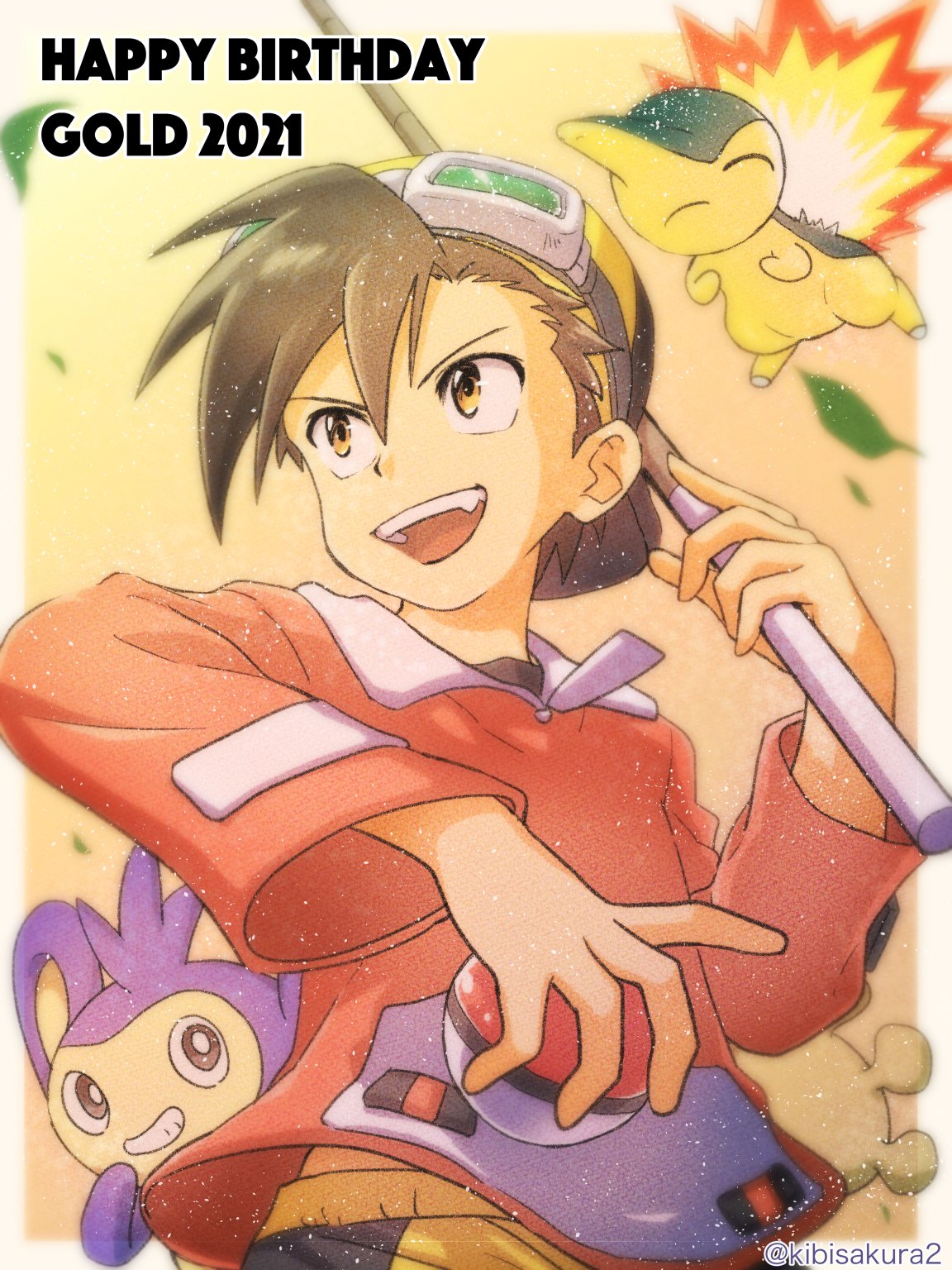 1boy :d aipom backwards_hat bangs baseball_cap border brown_eyes brown_hair character_name commentary_request cyndaquil ethan_(pokemon) fire flame gen_2_pokemon goggles goggles_on_headwear happy_birthday hat highres holding holding_poke_ball jacket kibisakura2 long_sleeves looking_to_the_side male_focus open_mouth orange_jacket outside_border poke_ball poke_ball_(basic) pokemon pokemon_(creature) pokemon_adventures short_hair shorts smile starter_pokemon tongue twitter_username upper_teeth white_border yellow_shorts