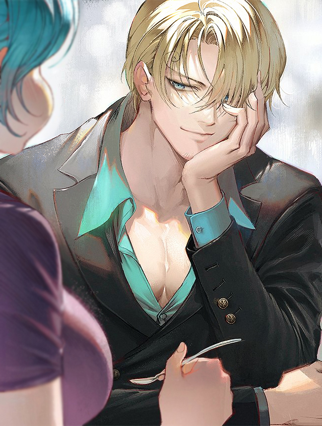 1boy 1girl aqua_shirt bangs black_jacket black_suit blonde_hair blue_eyes blurry blurry_foreground blush breasts closed_mouth collared_shirt commentary eating eyebrows eyebrows_visible_through_hair facial_hair hair_between_eyes hand_on_own_cheek hand_on_own_chin hand_on_own_face head_rest holding holding_spoon jacket large_breasts light_blue_hair lips long_sleeves looking_at_another nefertari_vivi one_piece parted_bangs pectorals puffy_cheeks purple_shirt runa_(artist) sanji shirt shokugeki_no_sanji short_hair sitting smile solo_focus spoon stubble upper_body wing_collar