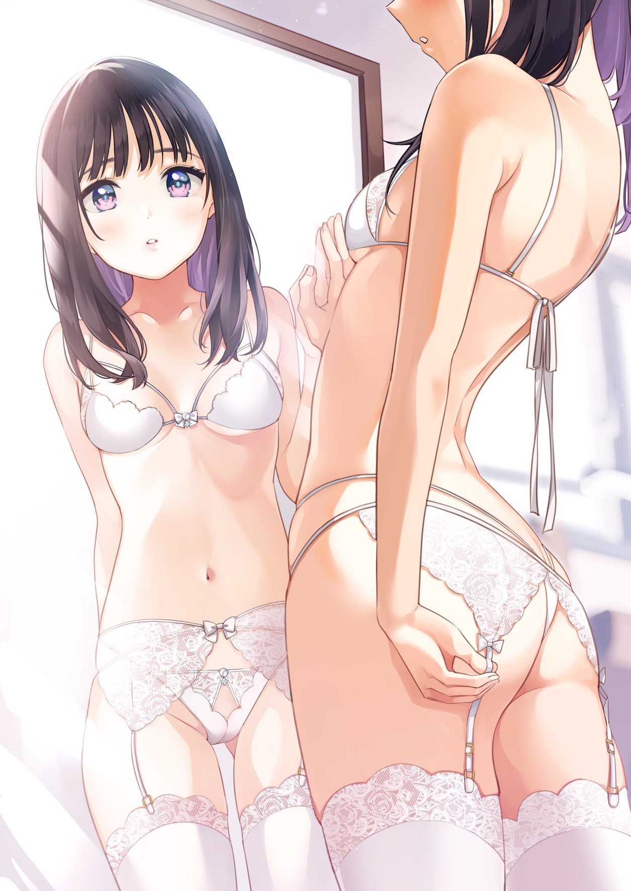 1girl ass ass_visible_through_thighs back bangs black_hair blurry blurry_background bra breasts collarbone commentary_request eyebrows_visible_through_hair garter_belt garter_straps highres lace-trimmed_legwear lace_trim lingerie long_hair matsuzaki_miyuki mirror original parted_lips reflection shoulder_blades small_breasts standing thigh-highs thigh_gap thighs underwear underwear_only violet_eyes white_bra white_legwear