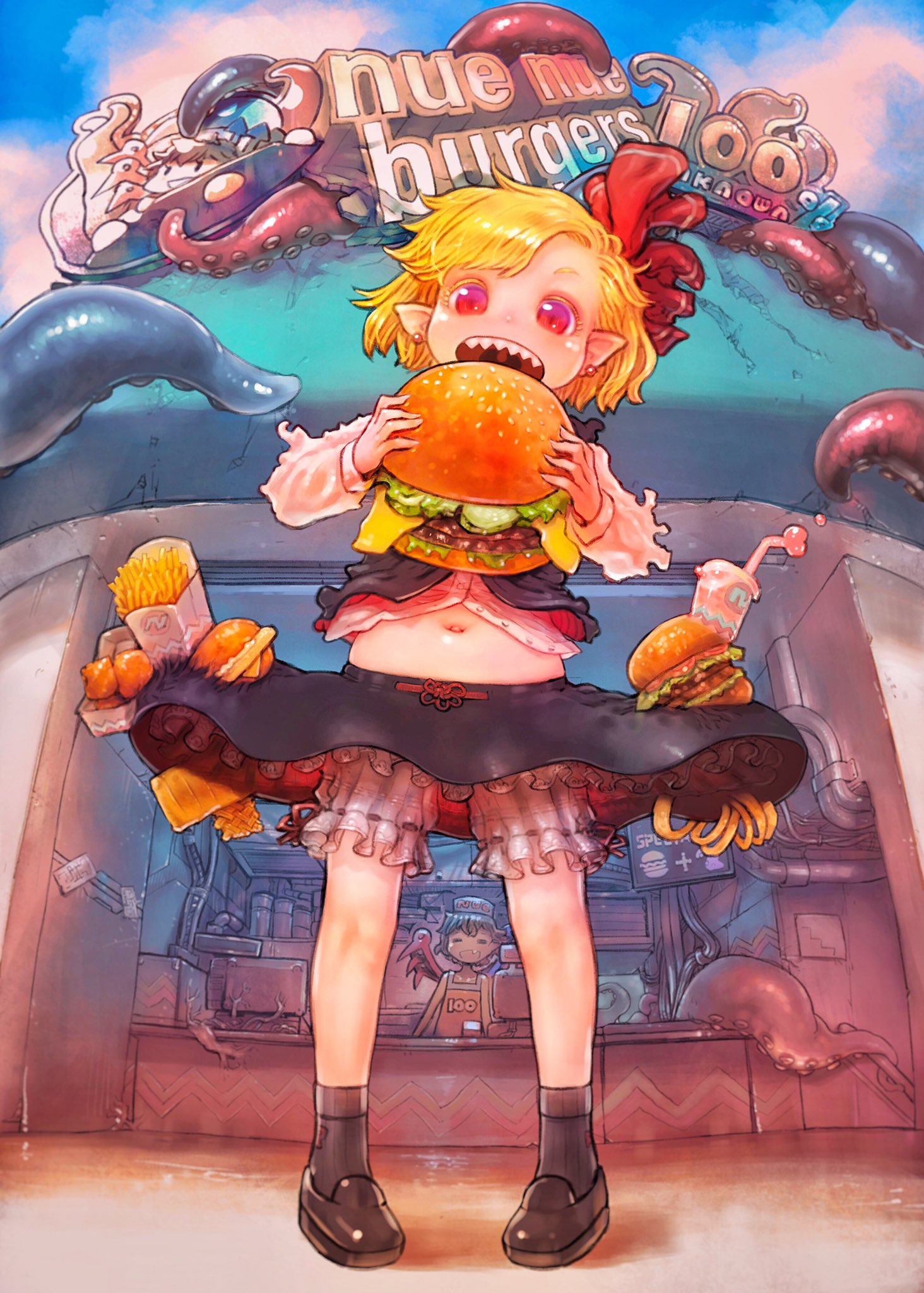 2girls asymmetrical_wings black_footwear black_hair black_legwear blonde_hair bloomers burger chips closed_eyes cup disposable_cup employee_uniform english_text fast_food fast_food_uniform food highres houjuu_nue indoors loafers multiple_girls navel onion_rings open_mouth outdoors pointy_ears potato_chips rumia sharp_teeth shoes short_socks sign teeth tentacles touhou tube ufo underwear uniform wings yst