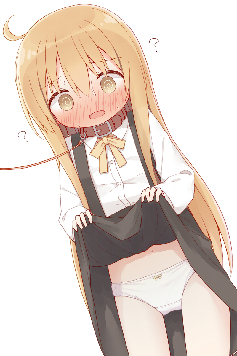 1girl ? ayanepuna bangs black_skirt blush bow bow_panties brown_collar brown_eyes brown_hair clothes_lift collar collared_shirt commentary_request dress_shirt dutch_angle eyebrows_visible_through_hair hair_between_eyes highres leash lifted_by_self long_hair long_sleeves navel nose_blush open_mouth original panties shirt simple_background skirt skirt_lift solo standing suspender_skirt suspenders sweat underwear very_long_hair white_background white_panties white_shirt