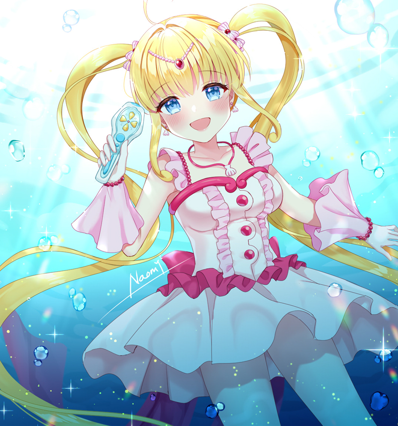 1girl ahoge air_bubble blonde_hair blue_eyes bubble cowboy_shot dress earrings frilled_dress frills gloves holding holding_microphone idol jewelry long_hair looking_at_viewer mermaid_melody_pichi_pichi_pitch microphone nanami_lucia naomi_(fantasia) pink_dress pink_gloves shell shell_earrings shell_necklace smile solo underwater