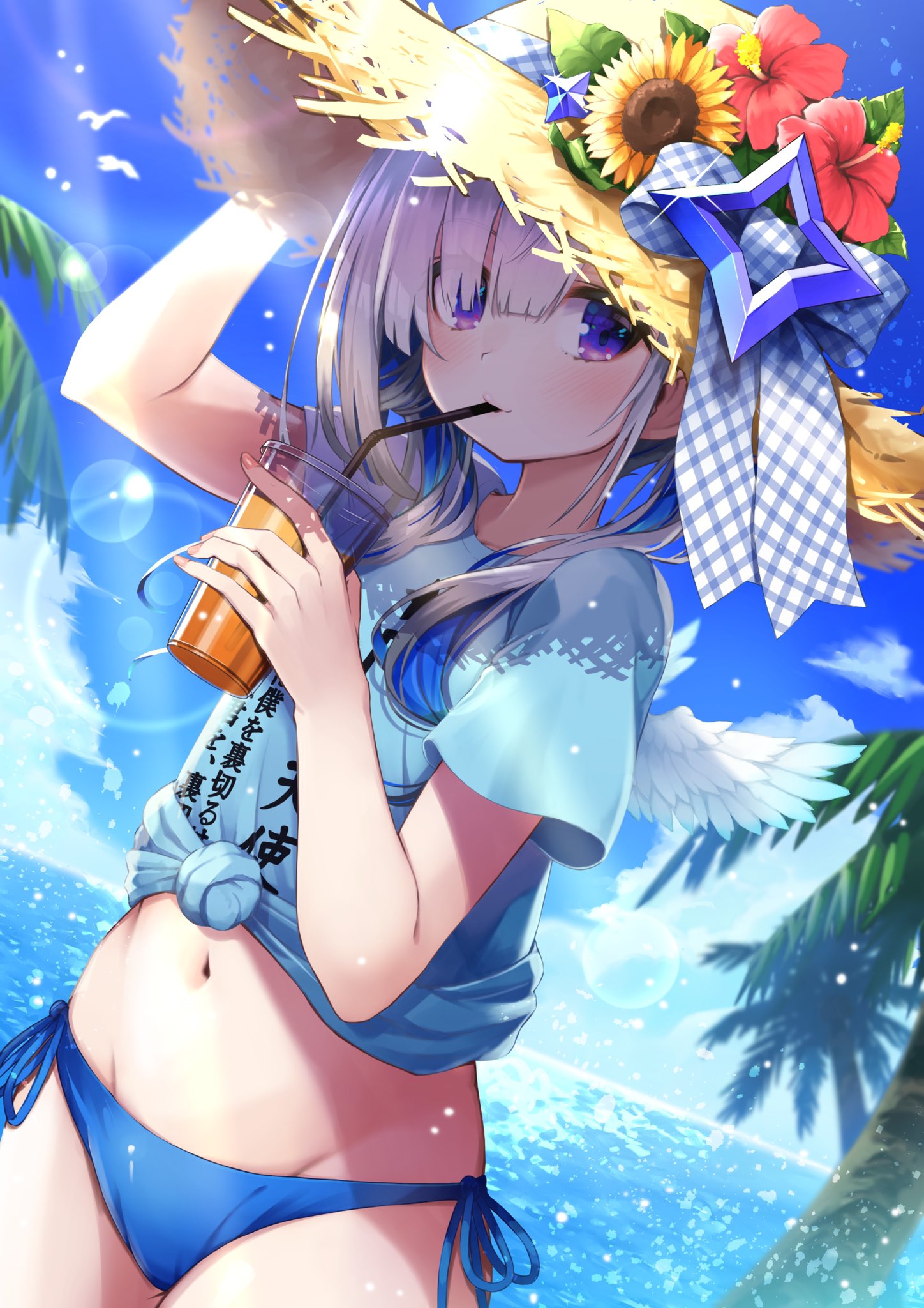 amane_kanata angel_wings asymmetrical_bangs asymmetrical_hair bangs bikini bikini_bottom blue_bikini blue_shirt bob_cut cowboy_shot cup disposable_cup drinking_straw dutch_angle feathered_wings flower groin hair_over_one_eye hat hat_flower highres holding holding_clothes holding_cup holding_hat hololive hototogisu_(hot_to_gis) lens_flare light_rays midriff mini_wings navel ocean pp_tenshi_t-shirt shade shirt short_hair short_hair_with_long_locks short_sleeves side-tie_bikini silver_hair sipping straw_hat summer sun_hat sunbeam sunflower sunlight swimsuit t-shirt tied_shirt tropical violet_eyes virtual_youtuber white_wings wings