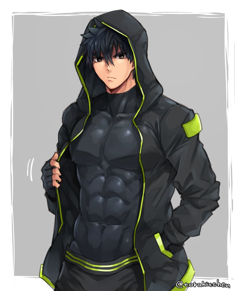 1boy abs black_bodysuit black_eyes black_gloves black_hair black_jacket black_pants bodysuit bodysuit_under_clothes covered_abs covered_navel covered_nipples gloves green_jacket green_pants hood hooded_jacket jacket looking_at_viewer male_focus muscular muscular_male original pants pectorals simple_background skin_tight solo torakichi_(ebitendon) two-tone_jacket two-tone_pants upper_body