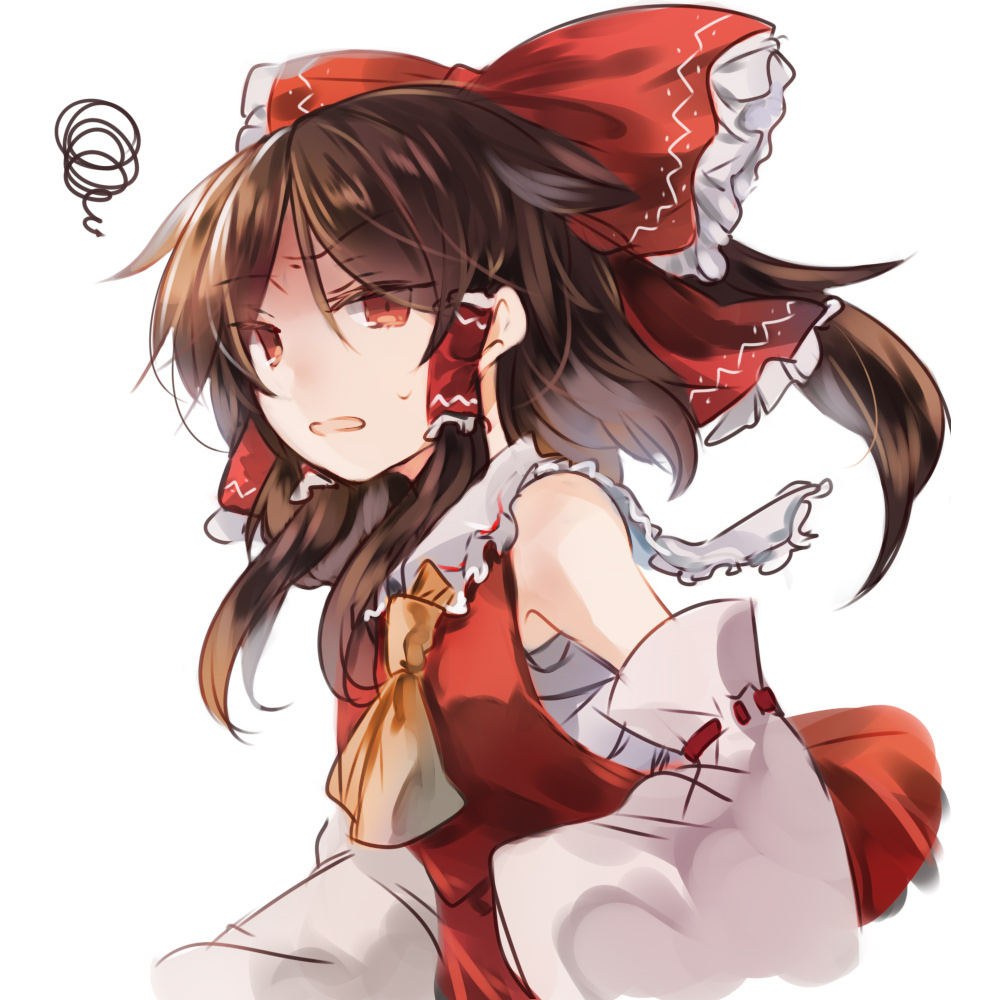 1girl bangs bare_shoulders bow brown_hair collar detached_sleeves dress eyebrows_visible_through_hair eyes_visible_through_hair hair_between_eyes hair_tubes hakurei_reimu kutsuki_kai long_sleeves looking_at_viewer open_mouth ponytail red_bow red_dress red_eyes short_hair simple_background solo touhou upper_body white_background white_collar white_sleeves yellow_neckwear