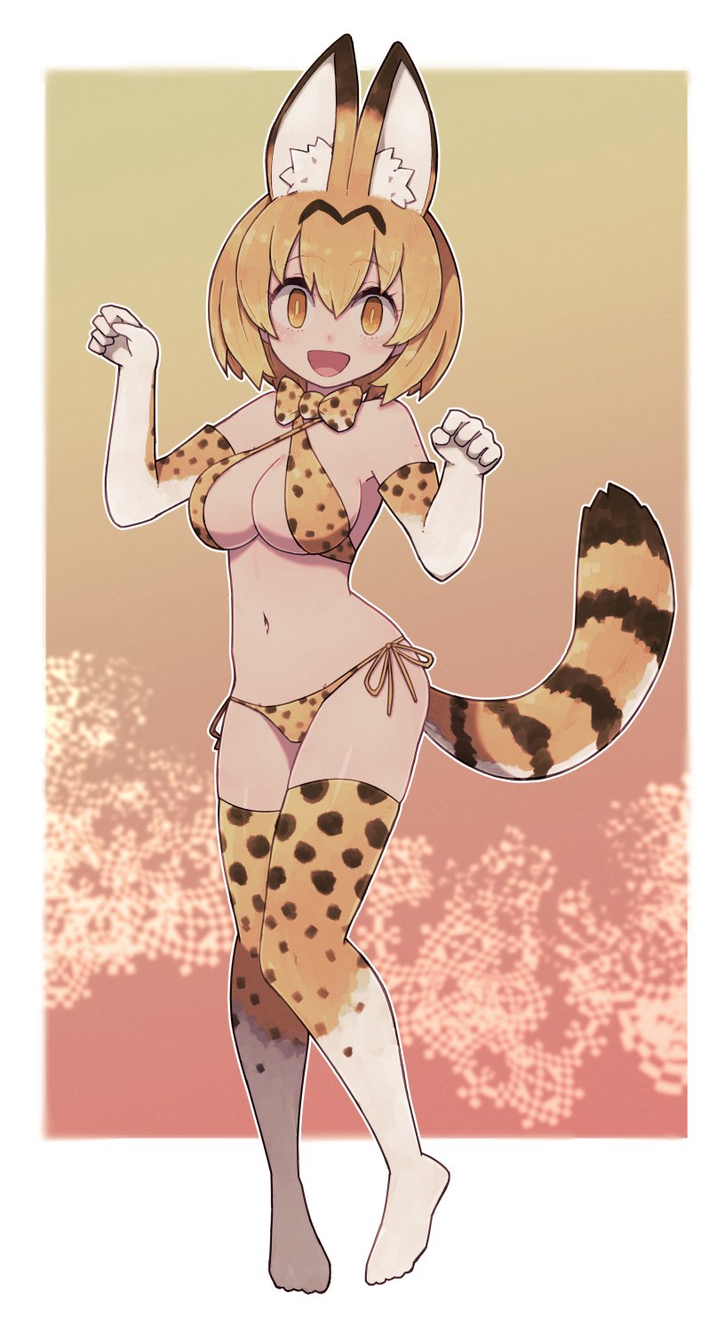 1girl :d animal_ear_fluff animal_ears bare_shoulders bikini border bow bowtie elbow_gloves gloves highres kemono_friends lamb-oic029 looking_at_viewer navel open_mouth orange_bikini orange_bow orange_legwear orange_neckwear paw_pose serval_(kemono_friends) serval_print side-tie_bikini sling_bikini_top smile solo swimsuit tail thigh-highs white_border