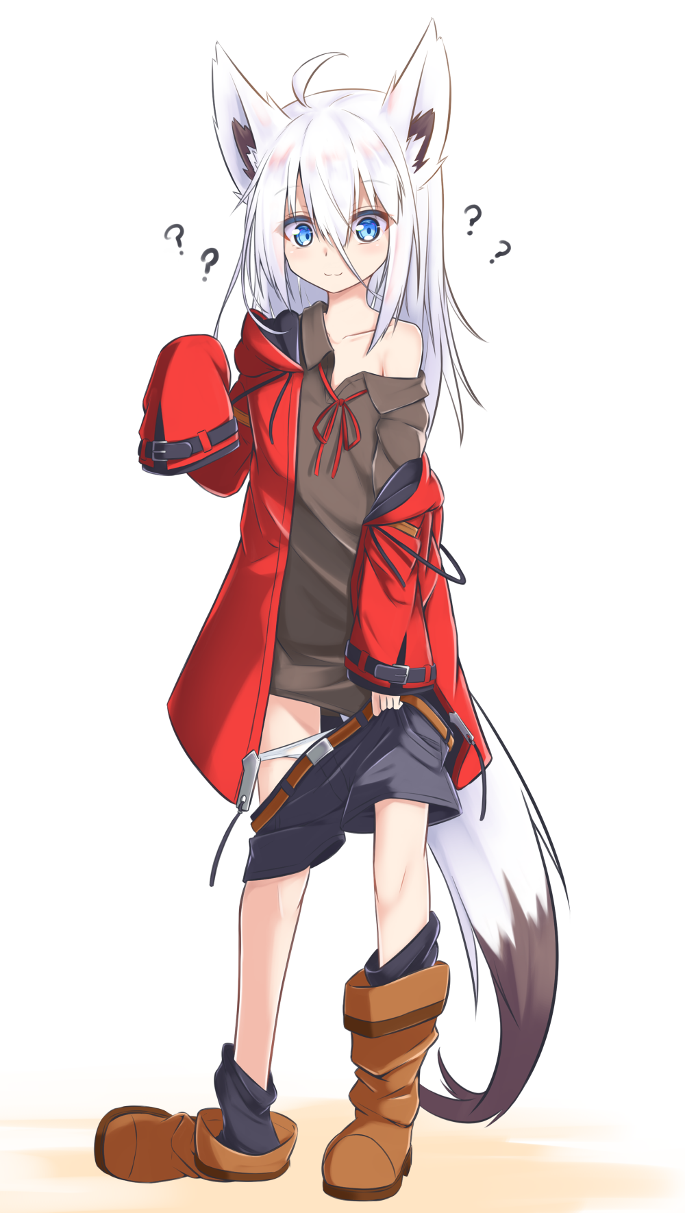 1girl ? animal_ears blue_eyes boots brown_footwear clothes_pull fox_ears fox_tail full_body highres hood hood_down hooded_jacket jacket long_hair long_sleeves off_shoulder open_clothes open_jacket original oversized_clothes panties panty_pull red_jacket shirt short_shorts shorts shorts_pull simple_background sleeves_past_fingers sleeves_past_wrists smile tail underwear white_hair white_panties yukishiro_haku
