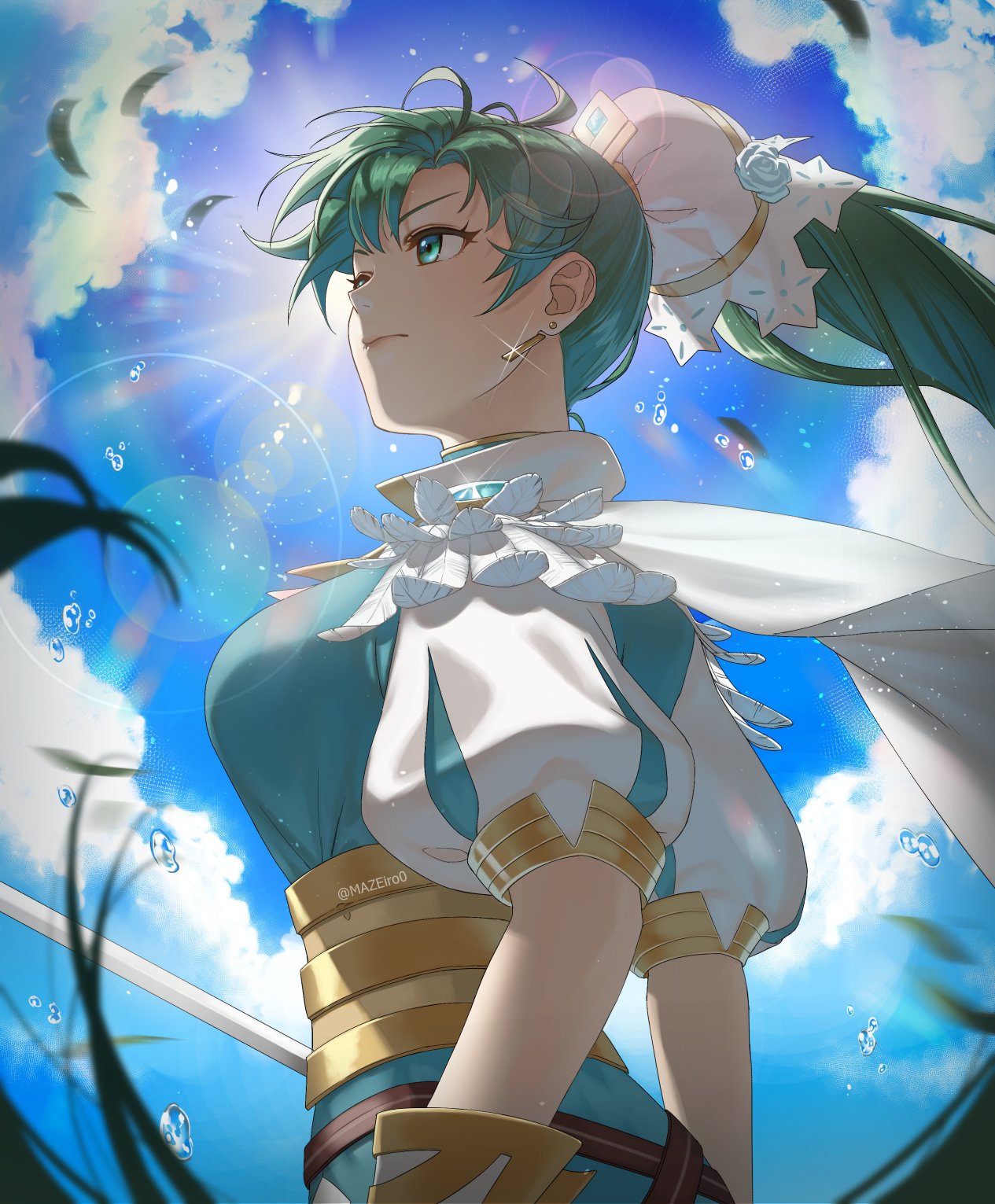 1girl backlighting bangs blue_sky breasts clouds cloudy_sky commentary day earrings feathers fire_emblem fire_emblem:_the_blazing_blade fire_emblem_heroes from_side green_eyes green_hair hair_ornament highres jewelry long_hair looking_away lyn_(fire_emblem) maze_draws medium_breasts outdoors ponytail puffy_sleeves simple_background sky solo striped sunlight tied_hair upper_body vertical_stripes water water_drop