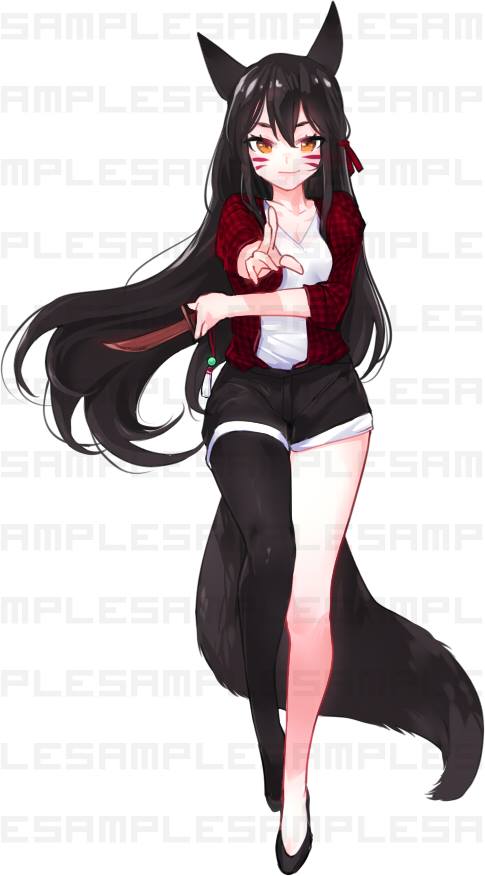 1girl animal_ears black_hair breasts closed_mouth ejami facial_mark knife long_hair looking_at_viewer pointing pointing_at_viewer sample shorts simple_background single_leg_pantyhose smile solo white_background