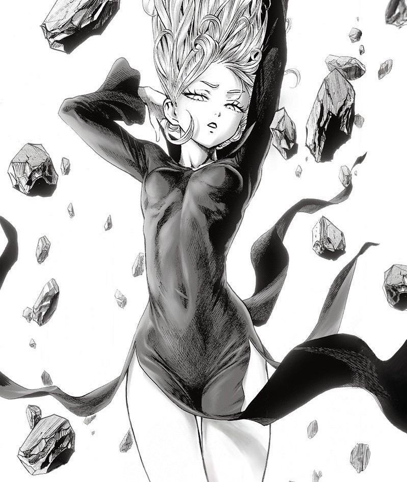 1girl arm_behind_head arms_up black_dress breasts covered_navel curly_hair dress eyelashes floating floating_hair long_sleeves looking_down murata_yuusuke one-punch_man pelvic_curtain rock skin_tight small_breasts tatsumaki thighs