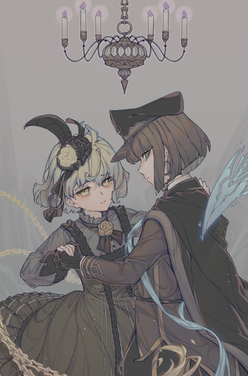 2boys ahoge black_gloves bob_cut brown_hair cape chandelier cravat crossdressinging dancing dress feather_hair_ornament feathers flower frilled_dress frills gloves green_eyes green_hair gretel_(sinoalice) hair_flower hair_ornament hat highres holding_hands long_sleeves looking_at_viewer male_focus multicolored_hair multiple_boys otoko_no_ko paimu_h petticoat pinocchio_(sinoalice) puffy_long_sleeves puffy_sleeves ribbon rose short_hair sinoalice trap two-tone_hair uniform