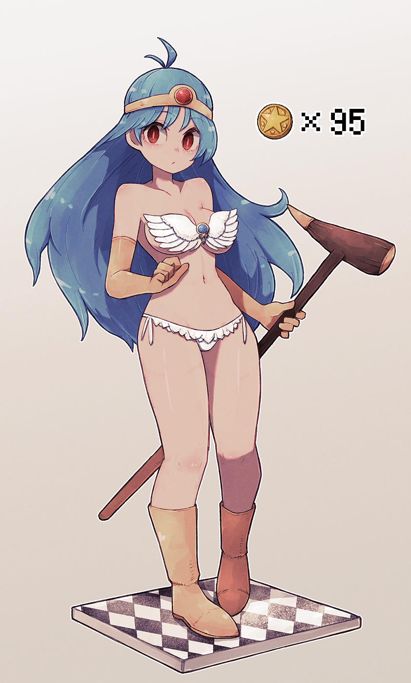 1girl bikini blue_hair boots closed_mouth cross-section diadem dragon_quest dragon_quest_iii elbow_gloves full_body gloves gold_coin grey_background hand_up highres holding holding_staff lamb-oic029 long_hair looking_at_viewer navel red_eyes sage_(dq3) simple_background solo staff strapless strapless_bikini swimsuit white_bikini yellow_footwear yellow_gloves