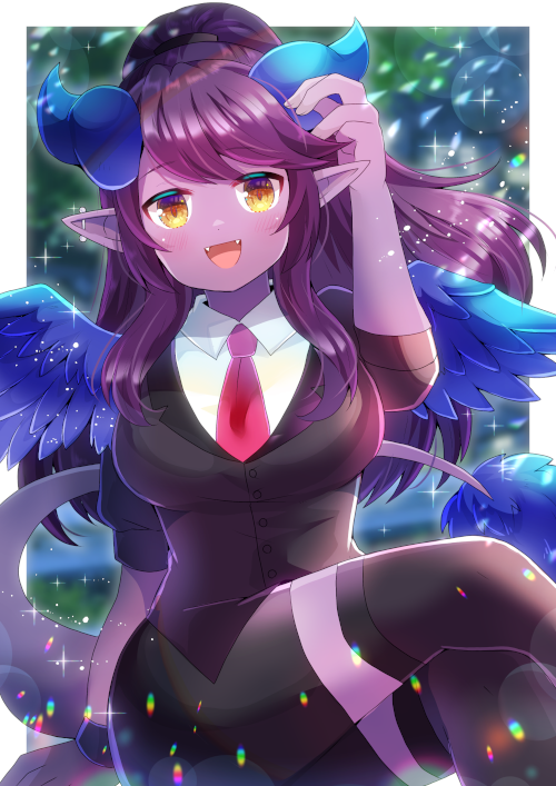 1girl :d aeronychus arm_up bangs black_jacket black_legwear black_skirt blue_wings blush breasts brown_eyes collared_shirt colored_skin curled_horns dragon_girl dragon_horns dragon_tail dragon_wings eyebrows_visible_through_hair fangs feathered_wings feet_out_of_frame formal horns indie_virtual_youtuber jacket kou_hiyoyo large_breasts long_hair looking_at_viewer necktie open_mouth pencil_skirt pointy_ears ponytail purple_hair purple_skin red_neckwear shirt sidelocks skirt skirt_suit smile solo suit tail thigh-highs very_long_hair virtual_youtuber white_shirt wings yellow_eyes