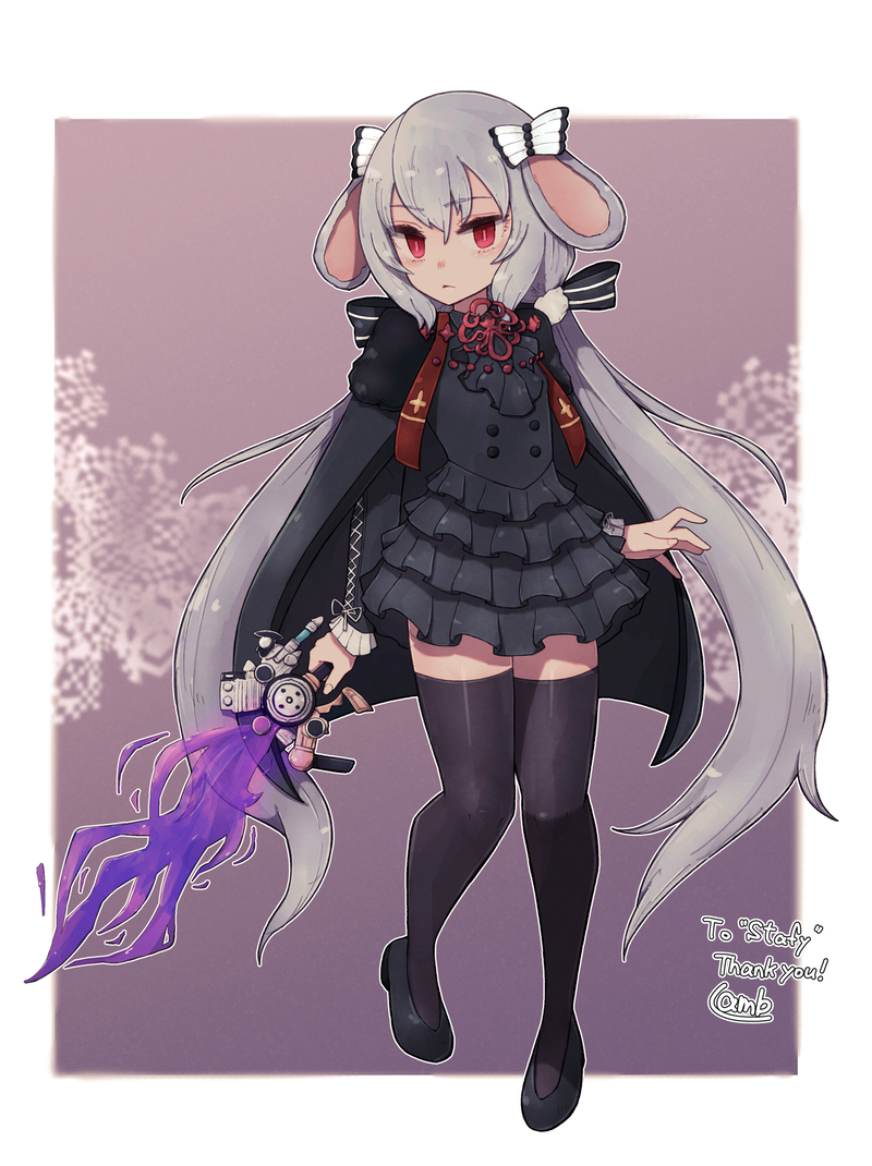 1girl animal_ears artist_name black_dress black_footwear black_legwear bow buttons closed_mouth double-breasted dress ears_down full_body grey_hair hair_bow holding holding_sword holding_weapon lamb-oic029 layered_dress long_hair long_sleeves looking_at_viewer low_twintails original red_eyes shoes signature solo sword thigh-highs twintails very_long_hair weapon white_bow