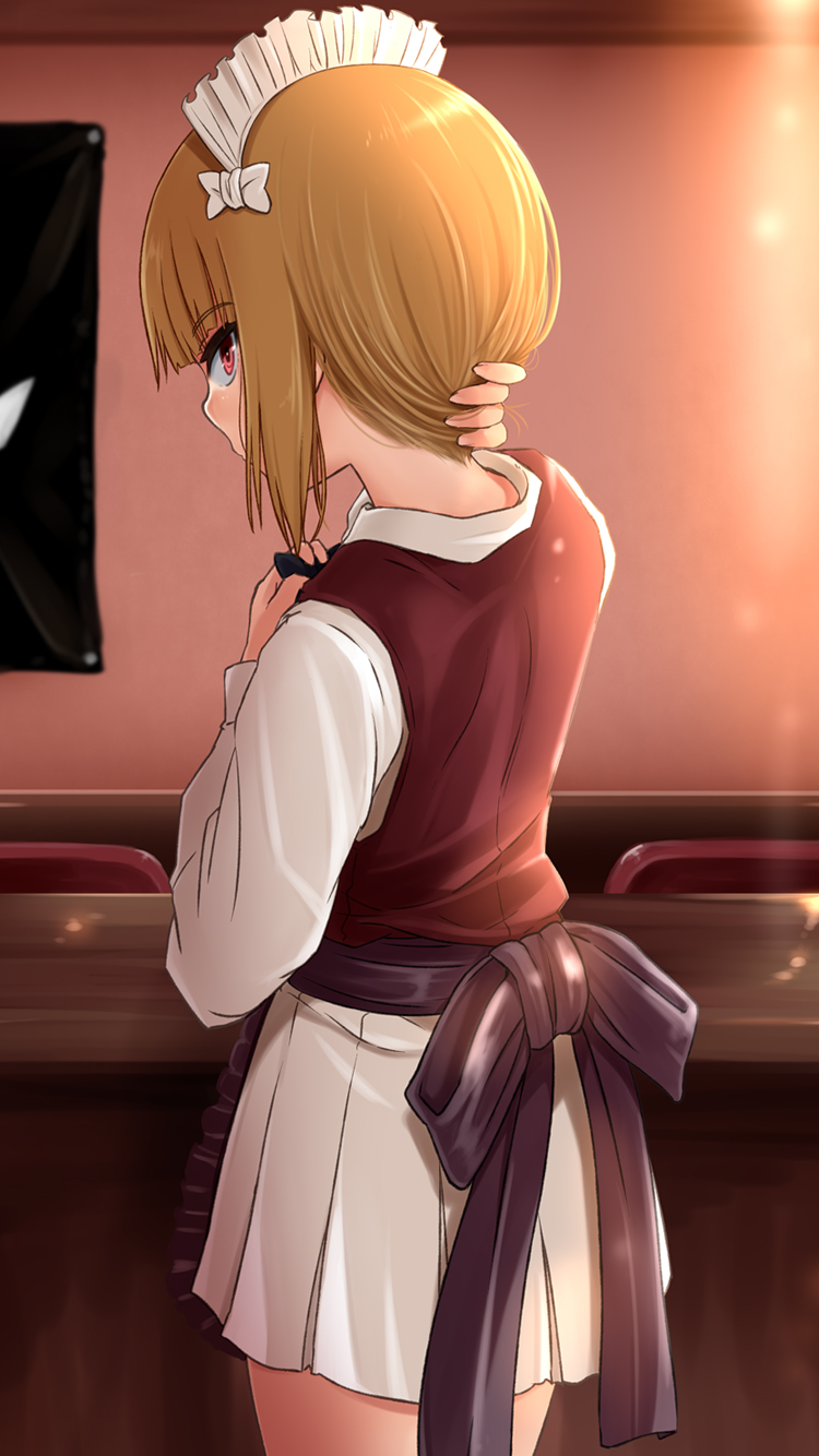 1girl adjusting_hair apron bartender black_apron blonde_hair blurry blurry_background bob_cut brown_eyes brown_vest commentary_request cowboy_shot cutlass_(girls_und_panzer) depth_of_field dress_shirt from_behind girls_und_panzer highres indoors kitayama_miuki long_sleeves looking_at_viewer looking_back maid_headdress nape partial_commentary shirt short_hair solo standing vest waist_apron white_shirt