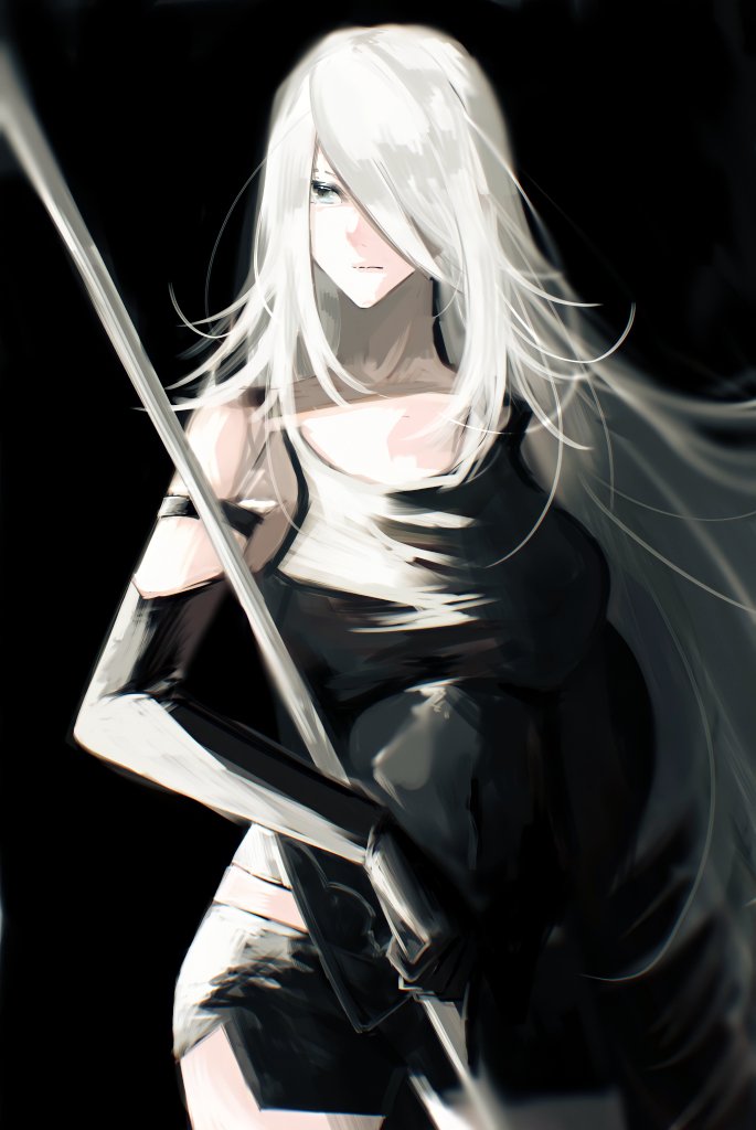 1girl android armlet bare_shoulders black_background black_gloves black_shorts breasts closed_mouth elbow_gloves gen_(pixiv44226856) gloves grey_eyes jpeg_artifacts large_breasts long_hair nier_(series) nier_automata one_eye_covered shorts sidelighting solo tank_top very_long_hair white_hair yorha_type_a_no._2