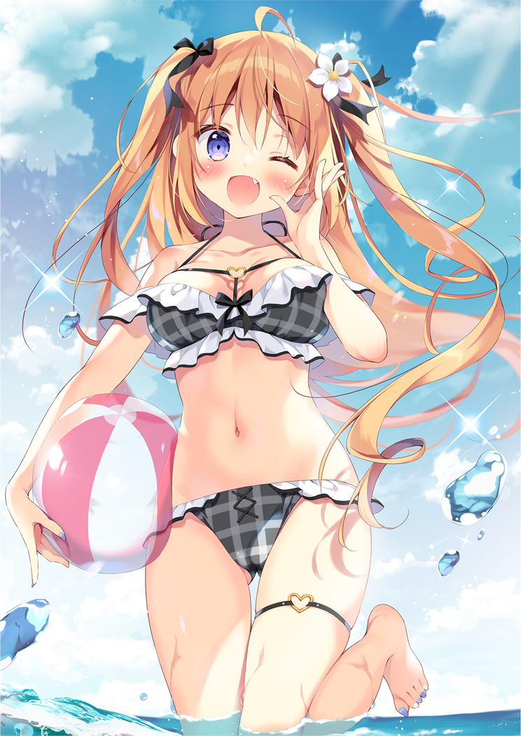 1girl ;d ahoge ball bangs bare_shoulders barefoot beachball bikini black_bikini black_bow blue_nails blue_sky blush bow breasts brown_hair clouds cloudy_sky commentary_request day eyebrows_visible_through_hair fang flower frilled_bikini frills groin hair_between_eyes hair_bow hair_flower hair_ornament long_hair looking_at_viewer medium_breasts navel one_eye_closed open_mouth original outdoors pan_(mimi) plaid plaid_bikini sky smile solo standing standing_on_one_leg swimsuit toenail_polish transparent two_side_up very_long_hair violet_eyes water white_flower