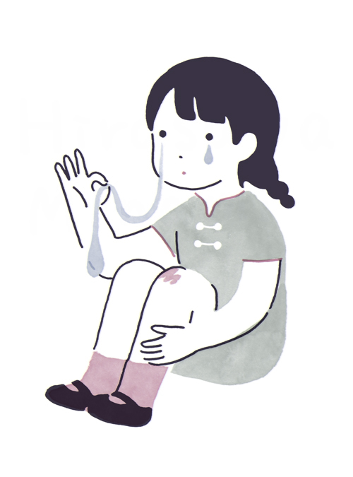 ._. 1girl ankle_socks artist_name bangs black_footwear black_hair blending blunt_bangs closed_mouth dot_mouth dot_nose expressionless from_side full_body hand_on_own_leg hand_up hirasawa_minami holding injury knees_up legs_together limited_palette looking_at_viewer mary_janes original parted_bangs purple_legwear scrape scraped_knee shoes short_hair short_sleeves simple_background sitting socks solo surreal tears white_background