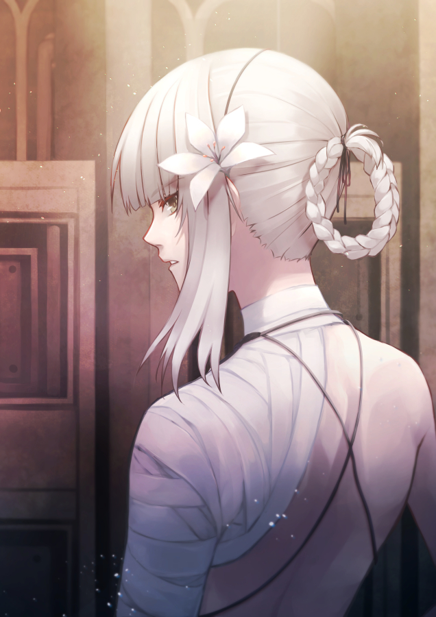 1girl asymmetrical_hair backless_outfit bandaged_arm bandaged_neck bandages bangs braid eyebrows_visible_through_hair flower hair_flower hair_ornament kaine_(nier) lingerie lunar_tear negligee nier nier_(series) orange_eyes parted_lips solo underwear white_hair xiangping_luo