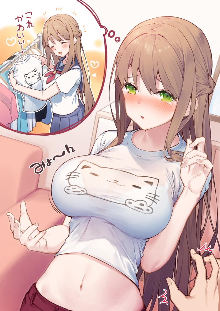 1girl blush breasts brown_hair embarrassed green_eyes large_breasts long_hair looking_at_viewer midriff motion_lines navel nose_blush original parted_lips school_uniform serafuku shirt short_sleeves sidelocks solo stomach tears thought_bubble tokuno_yuika undersized_clothes upper_body white_shirt