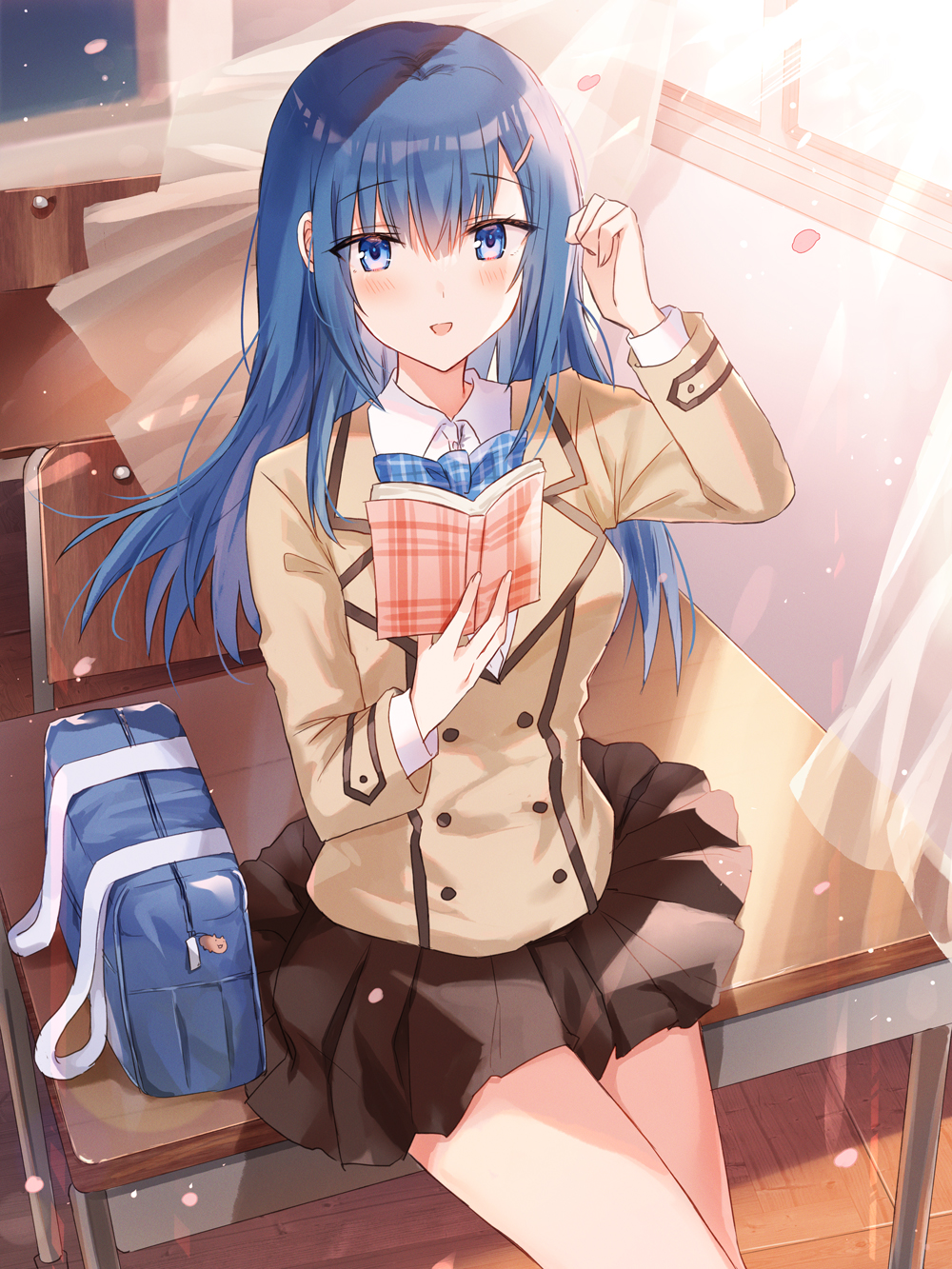 1girl :d bag bangs blue_eyes blue_hair blue_neckwear blush book bow bowtie breasts brown_jacket brown_skirt chair collared_shirt commentary_request curtains day desk dress_shirt eyebrows_visible_through_hair hair_between_eyes hair_ornament hairclip hands_up highres holding holding_book indoors jacket kinona long_sleeves looking_at_viewer medium_breasts on_desk open_book open_mouth original petals plaid_neckwear pleated_skirt school_bag school_chair school_desk school_uniform shirt sitting sitting_on_desk skirt smile solo transparent white_shirt window