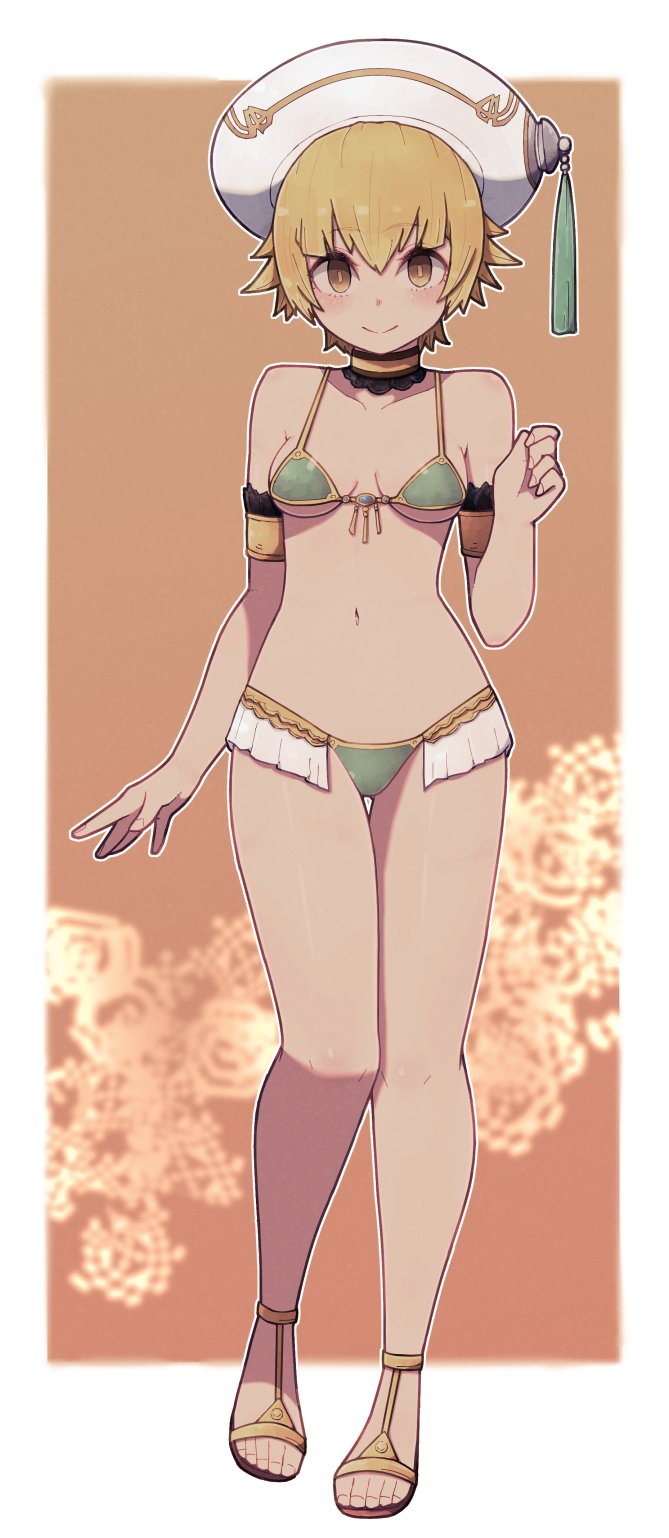 1girl arm_at_side armlet bikini blonde_hair border breasts brown_background choker closed_mouth commission copyright_request fingernails full_body green_bikini hand_up hat highres lamb-oic029 looking_at_viewer navel outside_border sandals skeb_commission small_breasts smile solo swimsuit tassel white_border white_headwear yellow_eyes