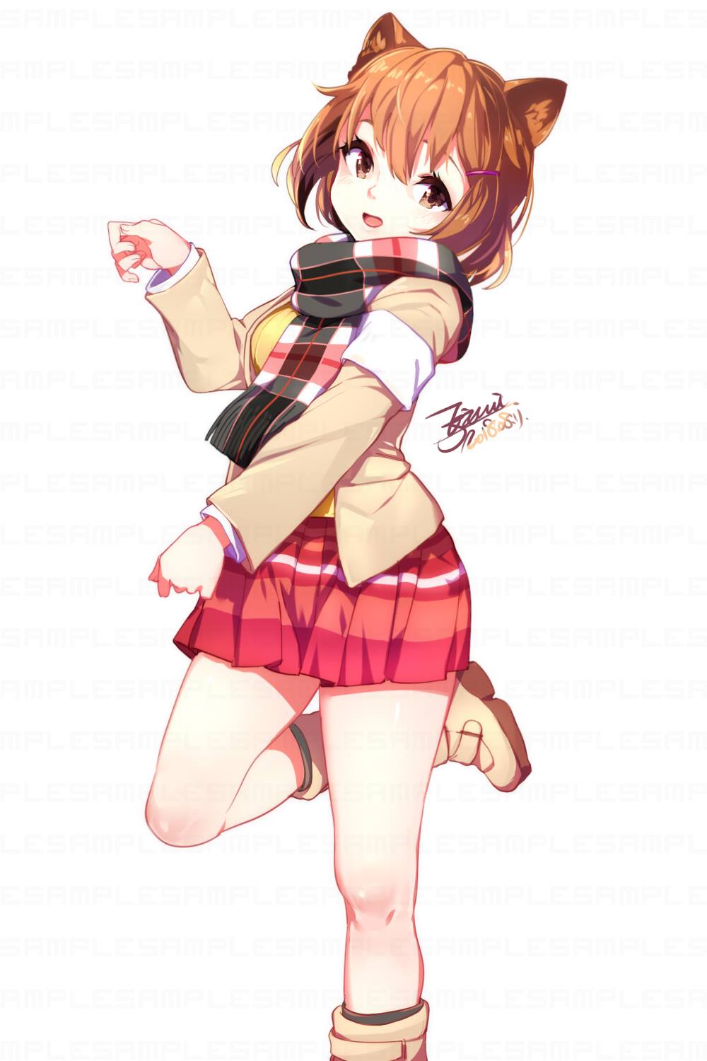 1girl animal_ears boots breasts brown_hair dated ejami highres looking_at_viewer open_mouth original sample scarf short_hair signature simple_background skirt smile solo watermark white_background
