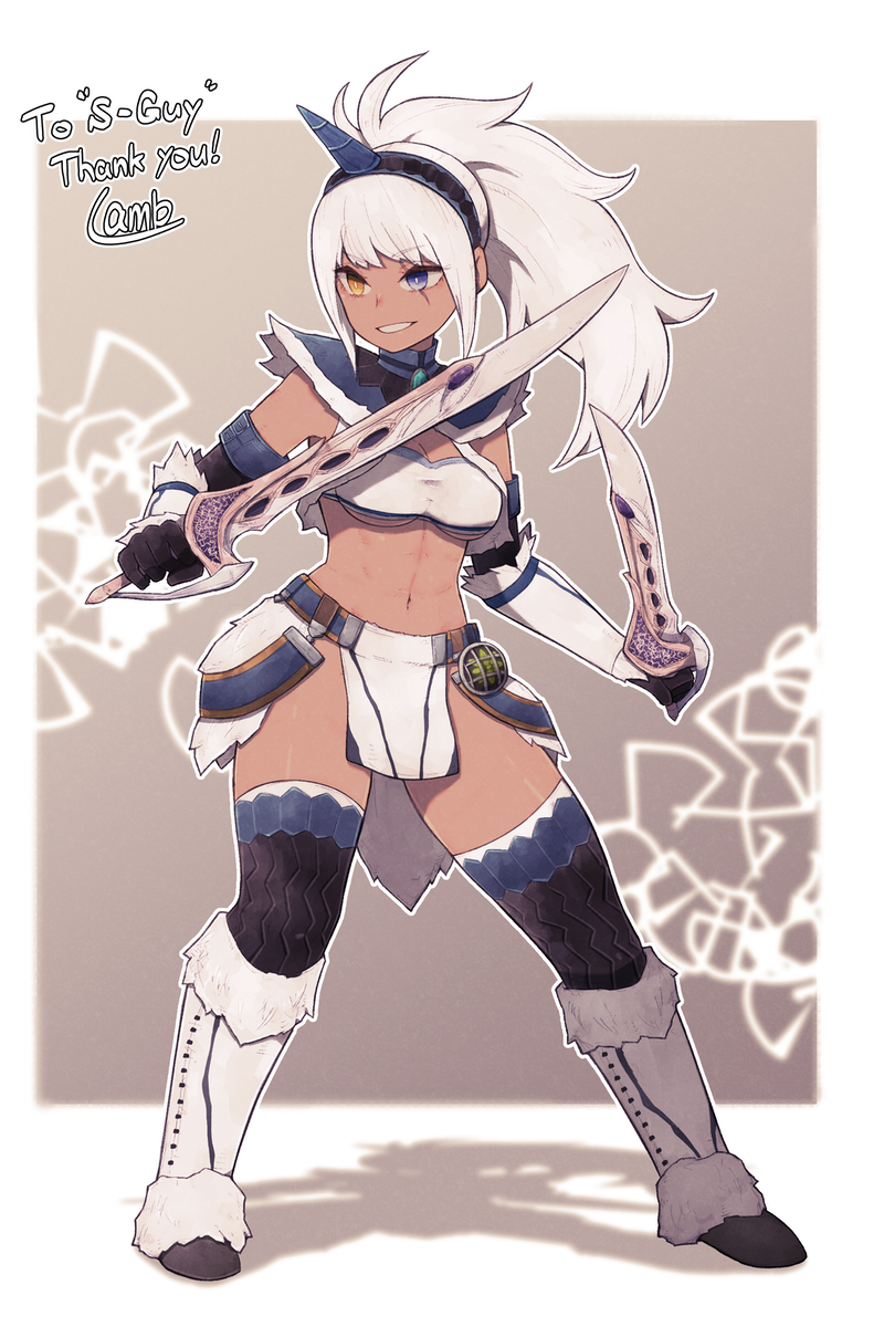 1girl belt black_gloves blue_eyes boots border breasts brown_background commission dual_wielding full_body fur-trimmed_boots fur_trim gloves grin hairband heterochromia highres holding holding_sword holding_weapon horns kirin_(armor) lamb-oic029 medium_breasts monster_hunter_(series) navel pelvic_curtain ponytail scar scar_across_eye single_horn skeb_commission smile solo strapless sword thank_you thigh-highs toned tubetop under_boob weapon white_border white_hair yellow_eyes