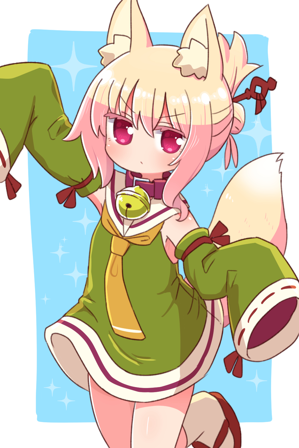 1girl animal_ear_fluff animal_ears arm_up bangs blonde_hair blue_background closed_mouth colored_eyelashes commentary_request detached_sleeves dress eyebrows_visible_through_hair folded_ponytail fox_ears fox_girl fox_tail green_dress green_sleeves hair_between_eyes hair_ornament highres kemomimi-chan_(naga_u) long_sleeves looking_at_viewer naga_u original red_footwear ribbon-trimmed_sleeves ribbon_trim sailor_collar sailor_dress sidelocks sleeveless sleeveless_dress sleeves_past_fingers sleeves_past_wrists socks solo sparkle tail two-tone_background v-shaped_eyebrows white_background white_legwear white_sailor_collar zouri