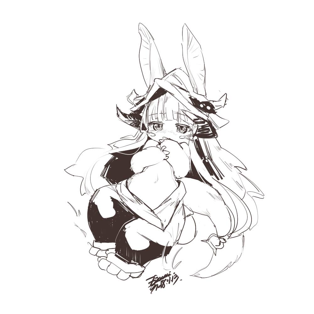 1other animal_ears blush dated ears_through_headwear ejami furry hat helmet long_hair looking_at_viewer made_in_abyss monochrome nanachi_(made_in_abyss) navel paws signature simple_background solo tail white_background