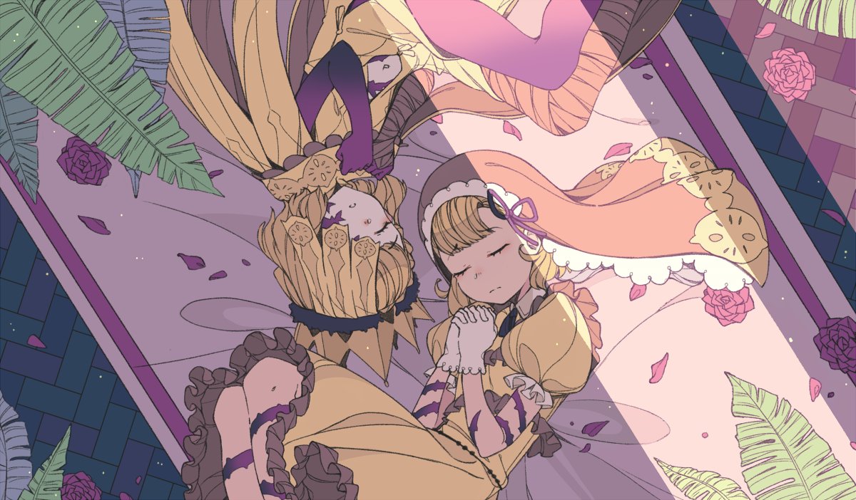 1girl asymmetrical_legwear bandages bangs bed blonde_hair blunt_bangs briar_rose_(sinoalice) closed_mouth clothing_cutout corruption crown dress elbow_gloves fetal_position flower gloves headdress multiple_persona navel navel_cutout one_eye_covered paimu_h pantyhose parted_lips petals plant praying puffy_short_sleeves puffy_sleeves purple_gloves purple_legwear rose short_hair short_sleeves sinoalice sleeping solo tattoo upside-down veil white_gloves