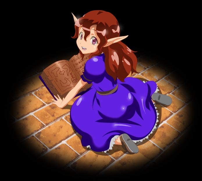 1girl book brick_floor brown_eyes brown_hair commentary_request dress full_body nishikawa_takashi open_mouth pointy_ears puffy_short_sleeves puffy_sleeves purple_dress shining_(series) shining_force_i short_sleeves simone_(shining_force) sitting smile solo wariza