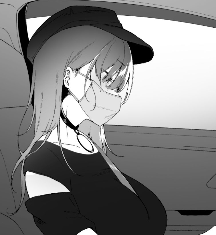 1girl baseball_cap between_breasts breasts car_interior character_request choker collarbone hair_over_eyes hat large_breasts looking_down mask medium_hair monochrome mouth_mask seatbelt sitting solo yamakonbu