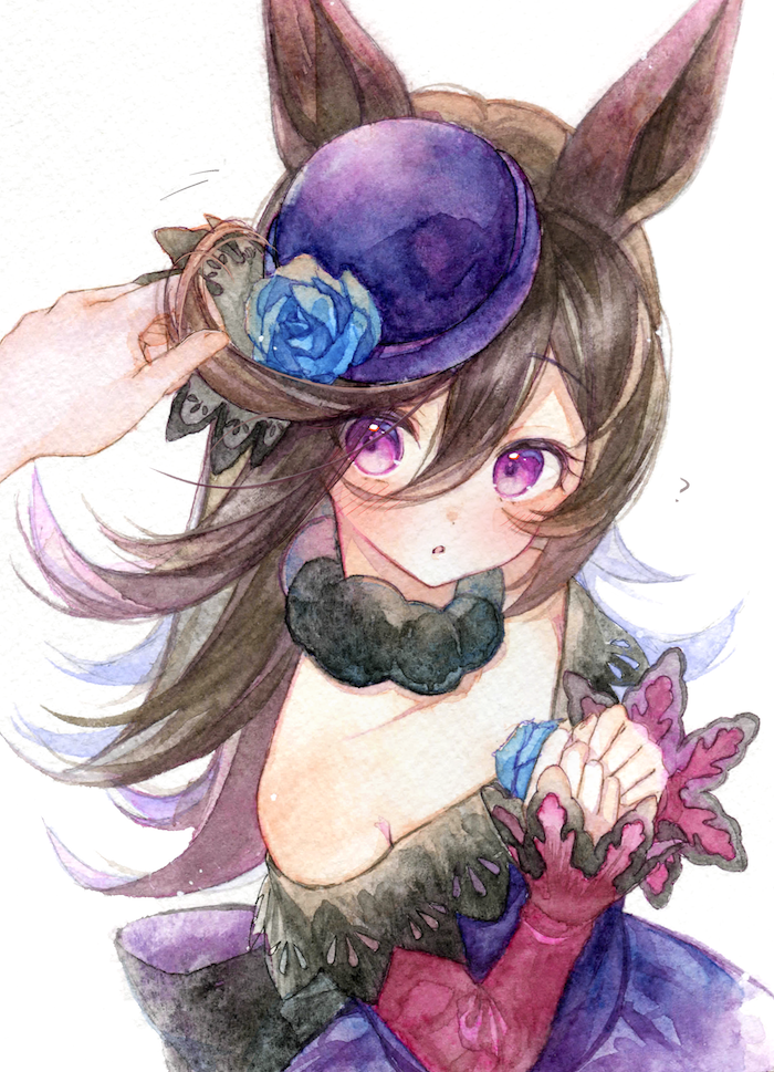 1girl 1other :o ? animal_ears bangs bare_shoulders black_hair blue_flower blue_headwear blue_rose blush commentary_request dress eyebrows_visible_through_hair eyes_visible_through_hair flower hair_over_one_eye hands_together hands_up hat hat_flower horse_ears long_sleeves off-shoulder_dress off_shoulder ouri_(aya_pine) out_of_frame own_hands_together parted_lips purple_dress rice_shower_(umamusume) rose simple_background sleeves_past_wrists solo_focus tilted_headwear traditional_media umamusume violet_eyes watercolor_(medium) white_background