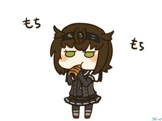 1girl black_gloves black_legwear black_sailor_collar brown_hair chibi chocolate_cornet commentary_request corset eating food gloves hair_flaps hatsuzuki_(kancolle) kantai_collection karin. lowres pantyhose sailor_collar school_uniform serafuku short_hair simple_background solo standing white_background yellow_eyes