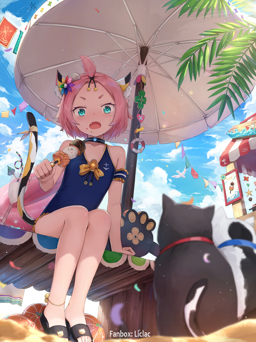 1girl animal animal_ear_fluff animal_ears arm_support artist_name bangs_pinned_back bare_shoulders beach beach_umbrella bird black_cat black_footwear blue_sky blue_swimsuit blurry blurry_foreground casual_one-piece_swimsuit cat cat_ears cat_girl cat_tail clouds cloudy_sky commentary_request day depth_of_field diona_(genshin_impact) fang food food_on_face frilled_swimsuit frills genshin_impact green_eyes holding holding_food liclac one-piece_swimsuit open_mouth outdoors pink_hair sand sandals short_eyebrows sitting sky solo string_of_flags swimsuit tail tail_raised thick_eyebrows umbrella